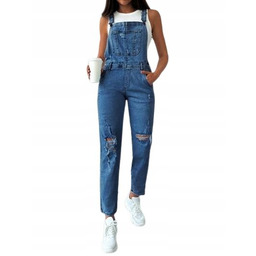 SHEIN SPODNIE JEANSOWE OGRODNICZKI Z DZIURAMI NIEBIESKIE 34