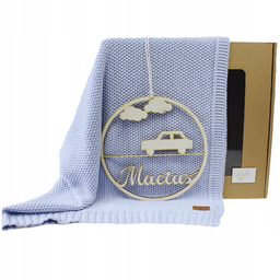 Kocyk Bambusowy Niebieski Obręcz Z Imieniem Chrzest Grawer