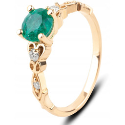 PIĘKNY ORYGINALNY ZŁOTY PIERŚCIONEK ZE SZMARAGDEM I BRYLANTAMI