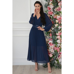 Sukienka maxi plisowana z paskiem granat Polette