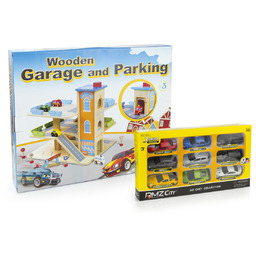Drewniany Parking/Garaż dla dzieci + resoraki licencjonowane (żółty
