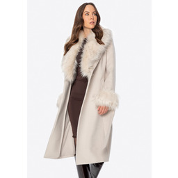 Płaszcz damski z wełną i futrzanymi elementami kremowy