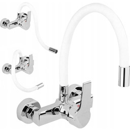 Bateria Kuchenna Ścienna Umywalkowa Kran Elastyczna Wylewka Biała