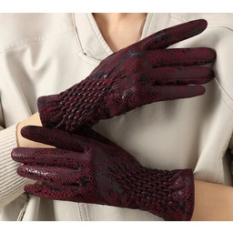 bordowe damskie RĘKAWICZKI stylowe skóra węża lekko błyszczące