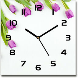Zegar szklany kwadratowy Fioletowe tulipany