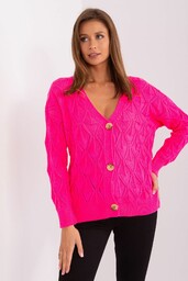 Ażurowy sweter rozpinany z dekoltem V fluo różowy