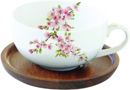 PORCELANOWA FILIŻANKA na DREWNIANYM SPODKU Sakura - Kwitnąca