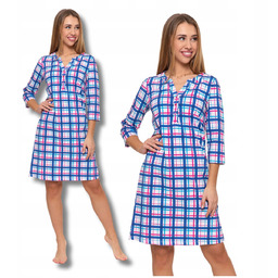 Koszula Nocna Damska Piżama w Kratkę 3/4 Rękaw