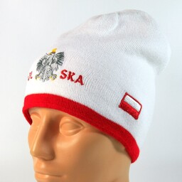 Czapka kibica zimowa biała orzeł Polska flaga gładka