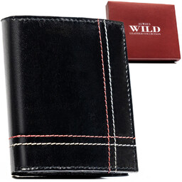 Skórzany, pionowy portfel męski w czarnym kolorze