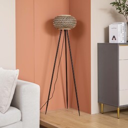 Lampa stojąca Lindby Nerys, czarny, bambus, Ø 31,5