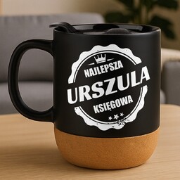 Kubek ceramiczny czarny z przykrywką dla niej księgowej