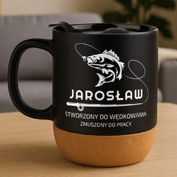 Kubek ceramiczny czarny z przykrywką dla wędkarza