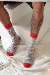 Skarpetki męskie szare z Mikołajami i napisami Ho