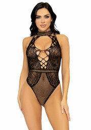 Leg Avenue Net and Lace Keyhole Bodysuit Black