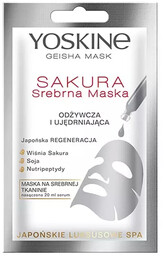 Yoskine Geisha Mask maska na srebrnej tkaninie Sakura