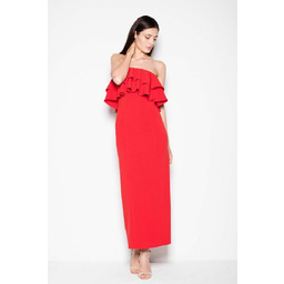 Czerwona Sukienka Długa Elegancka z Falbankami