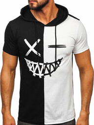 Czarno-biały t-shirt męski z nadrukiem z kapturem Bolf
