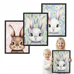 Zestaw 3 obrazów Portrety Zajączków czarna ramka 30x40