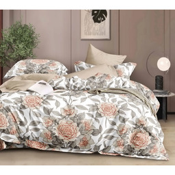 Pościel flanelowa biała w pomarańczowe kwiaty i beżowe