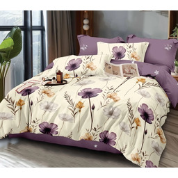 Pościel flanelowa kremowa w fioletowe i złote kwiaty