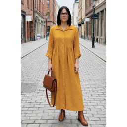 Sukienka Damska Sztruksowa Musztardowa Oversize Guziki Kieszenie Casual