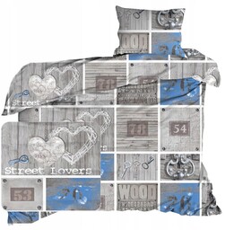 Pościel w kolorze szarym patchwork kwadraty serca klucze
