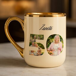 Kubek ceramiczny ze złotym rantem i uchem