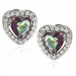 Eleganckie rodowane srebrne kolczyki serca serduszka tęczowy topaz