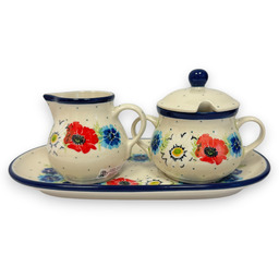 Komplet cukiernica i mlecznik na podstawce Kwiaty polskie