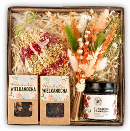 Kosz prezentowy z słodyczami i herbatą na wielkanoc