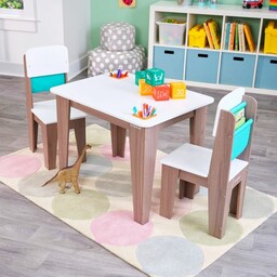 Popielaty stolik drewniany z 2 krzesłami dla dzieci