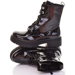 DAMSKIE BOTKI LAKIEROWANE WORKERY CZARNE TRAPERY BUTY