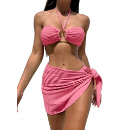 Strój Kąpielowy 3-Częściowy Różowy Komplet Plażowy Bikini Spódniczka