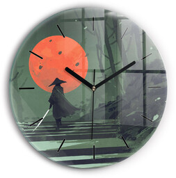 Nowoczesny szklany zegar ścienny Samuraj w lesie fi30