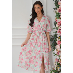 Sukienka midi a''la kimono w kwiaty mięta-róż Emsa