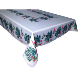 Obrus świąteczny z nadrukiem w skrzaty i choinki