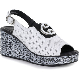 Skórzane sandały damskie na koturnie ażurowe białe S.Barski