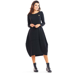 Czarna Dzianinowa Sukienka Bombka z Długim Rękawem