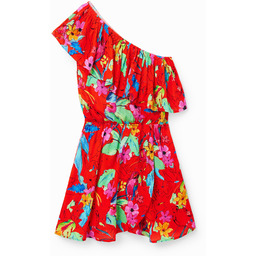 Krótka sukienka asymetryczna w tropikalny deseń