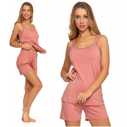 PIŻAMA DAMSKA Kobieca Urocza Koronkowy Dekolt Szorty Gładka