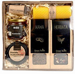 Elegancki kosz prezentowy herbata kawa miód świeca powidła