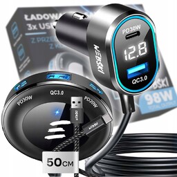 Ładowarka Samochodowa Rozgałęźnik Klips 98W 2xUSB 3xUSB-C LCD