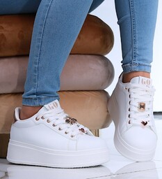 Białe sznurowane damskie trampki na platformie