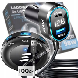 Ładowarka Samochodowa Rozgałęźnik Klips 98W 2xUSB 3xUSB-C LCD