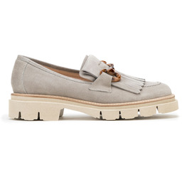 Damskie mokasyny zamszowe z frędzlami i klamrą szare
