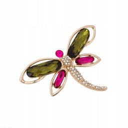 Broszka Ważka Kryształowa Zielono-Różowa Elegancka Damska Cyrkonie