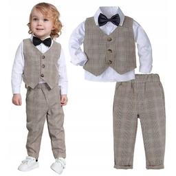 Komplet beżowy w kratkę 90 garniturek kamizelka mucha