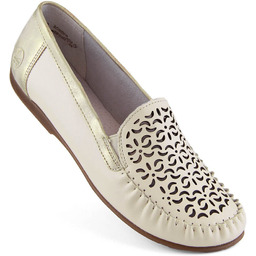 Skórzane komfortowe półbuty mokasyny damskie ażurowe beżowe Rieker