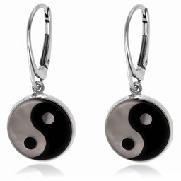 Eleganckie wiszące srebrne kolczyki kółka emaliowane Yin Yang